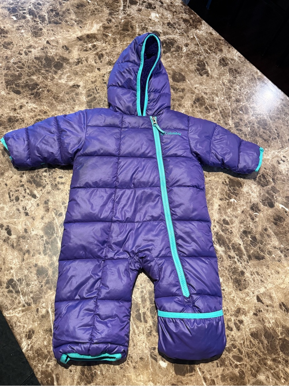 Columbia Purple Baby Hooded Snowsuit with Teal Trim 3-6